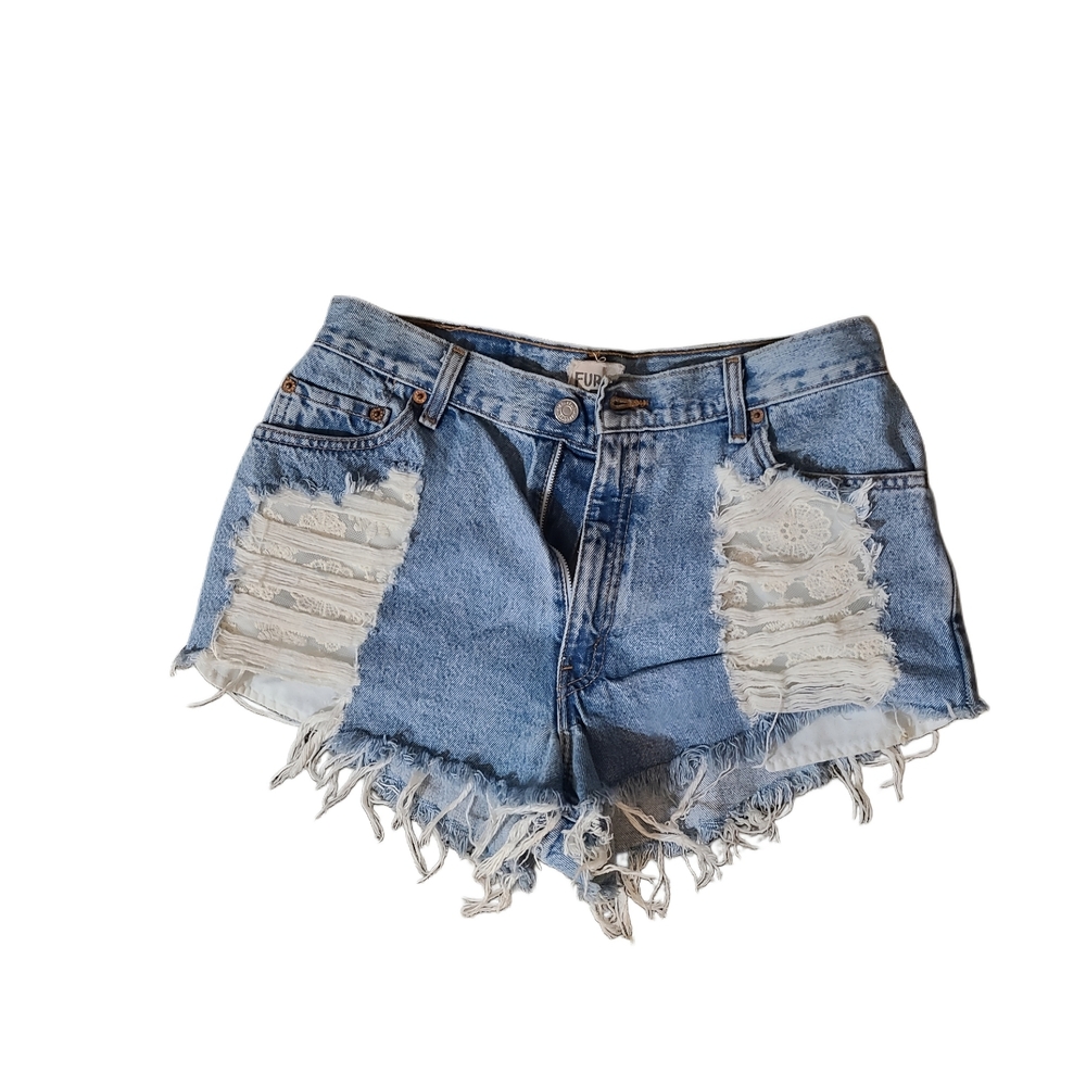 Levi's Blue and White Distressed Jean Shorts High-Waisted